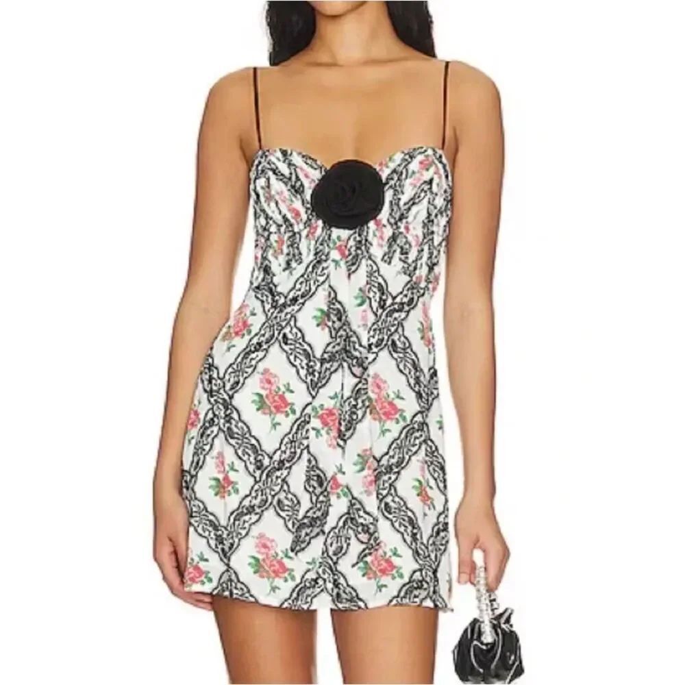 For Love And Lemons White Mini Dress with Pink Rose Print and Black Rosette NWT